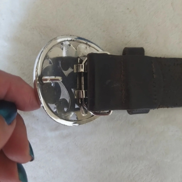 Brighton Dark Brown Handtooled Leather Belt with Silver Heart Oval Buckle - Picture 15 of 15